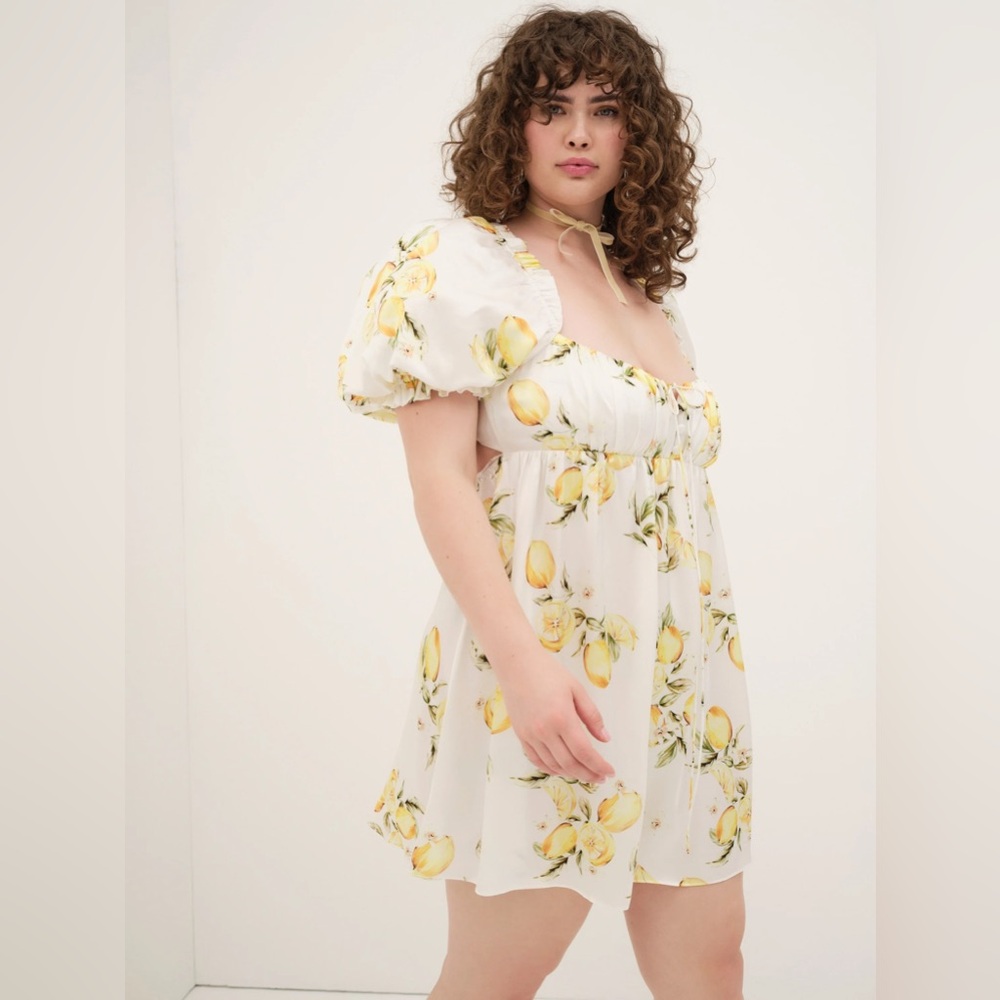 For Love & Lemons Anthropologie  Serafina Lemon Puff Sleeve Mini Dress sz M